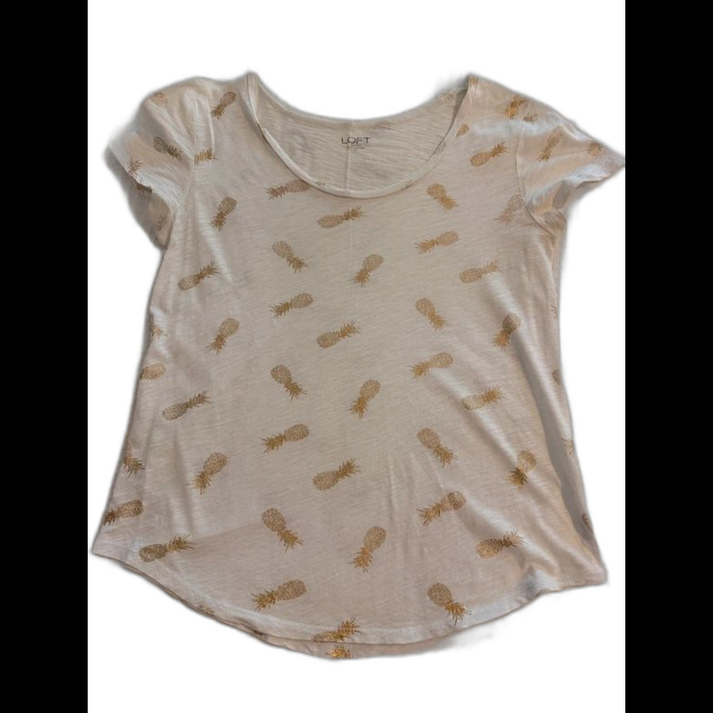 LOFT Gold Metallic Pineapple Print White Tee Shirt XS